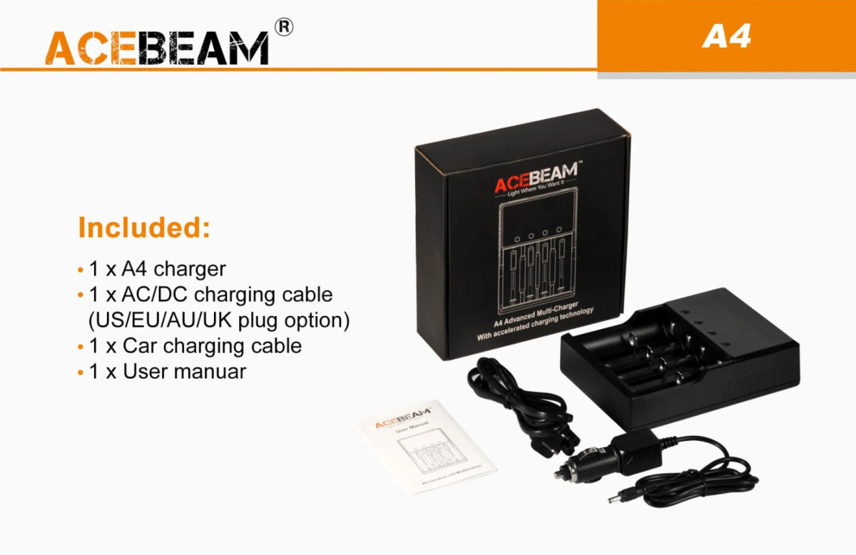 Acebeam charger ACE-4 (26650, 18650, 16340 14500,, AA, AAA, C)
