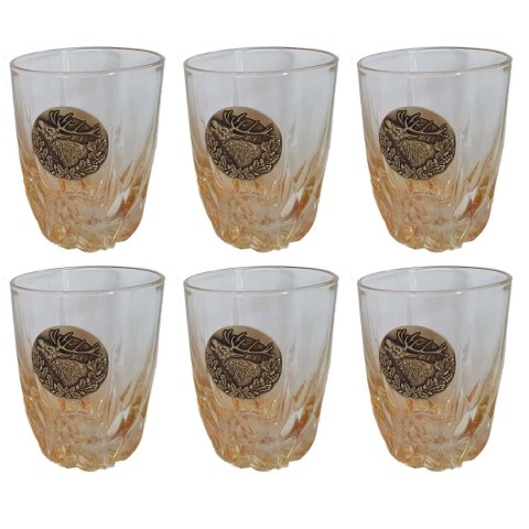Szklanki do whisky Golden Fox Fire Amber Jeleń zdobione odlewanym elementem, bursztynowy natrysk 6 szt.