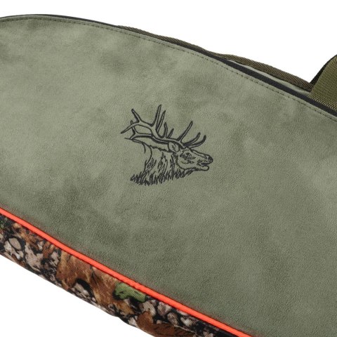 Pokrowiec Forsport na broń LPZKAM 04 1,25m, kolor kamuflaż leśny/zamsz oliwkowy, haft głowa jelenia czarna biza pomarańczowa