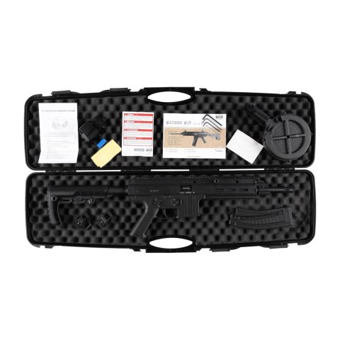 Zestaw Mauser Super Set Karabin sportowy Mauser M15 TacOps kal. 22 LR Black, magazynek, magazynek bębenkowy, celownik Red Dot